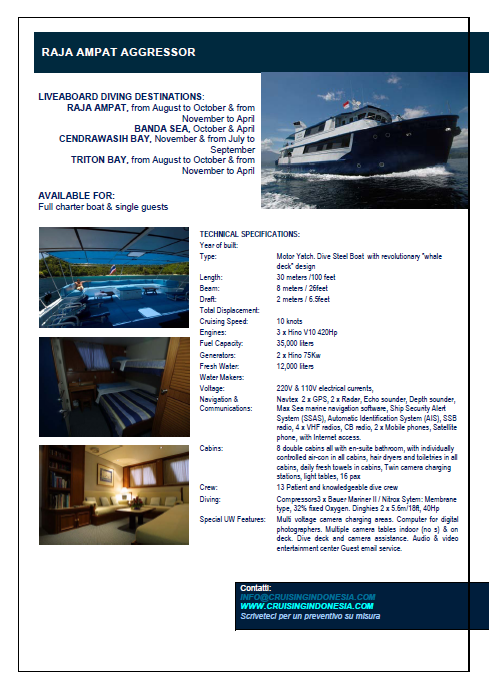 Raja Ampat Aggressor Liveaboard Technical Data