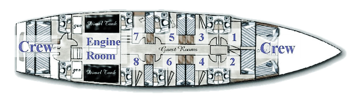 Deck plan and cabins distribution Ondina Liveaboard